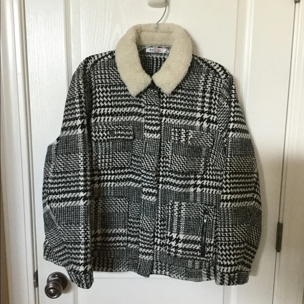 JUST FAB XXL Classic thick Fabric Plaid Black/White Jacket NEW Super Cute!! - Picture 3 of 8